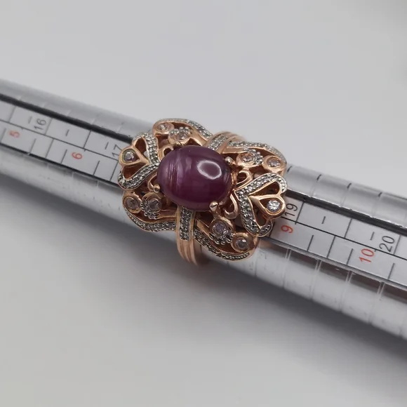 Vintage Rose GOS 925 Purple Cabachon & CZ Embellishments Cocktail Ring, sz 8,GC. - Picture 9 of 10